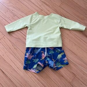 Baby Swim Shorts and Rashguard Set - Light Green and Navy Dino Print